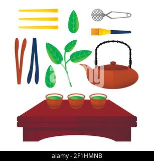 Flaches chinesisches Tee-Set mit Teekannen auf Tisch Grüne Blätter und traditionelles Zubehör isoliert Vektor-Illustration Stock Vektor
