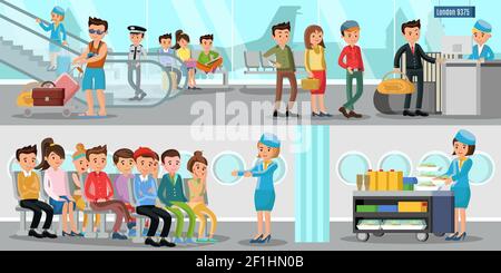 Flughafen horizontale Banner mit Personen in der Abflughalle Passagiere und Stewardessen auf Flug Vektor Illustration Stock Vektor