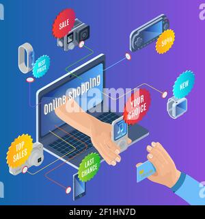 Isometrisches Online-Shopping-Konzept mit elektronischen tragbaren Gadgets und Geräten Zum Verkauf und bunte Aufkleber Vektor Illustration Stock Vektor