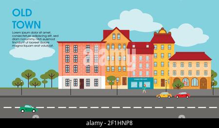 Flaches buntes Stadtbild-Poster mit städtischen und lebenden Gebäuden Bäumen Und bewegte Autos Vektor-Illustration Stock Vektor
