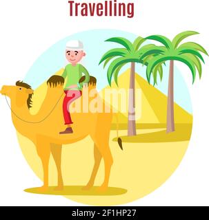 Sommerurlaub Vorlage mit glücklichen Touristen Reiten Kamel auf Wüste Landschaft mit Palmen und Pyramiden Vektorgrafik Stock Vektor