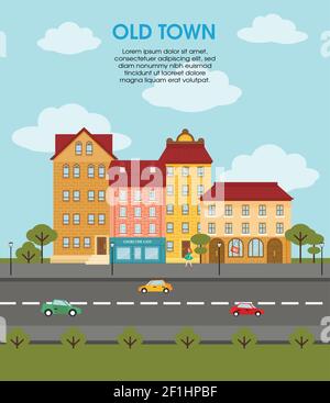 Bunte flache Stadtlandschaft Vorlage mit verschiedenen Gebäuden Autos auf Straßenbäume und Walking Woman Vektor-Illustration Stock Vektor