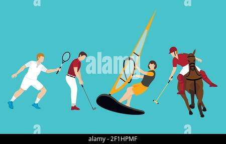 Bunte Menschen Aktivitäten mit Tennis Golf Segeln und Polo Sport auf türkisfarbenem Hintergrund isolierte Vektor-Illustration Stock Vektor