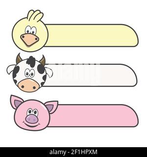 Set von Namenskarte für Kind auf weißem Hintergrund. Cute Cartoon Tier Doodle Sammlung. Kindergrafik. Kawaii. Bild für Geburtstagskarte, Poster, Aufkleber. Vect Stock Vektor