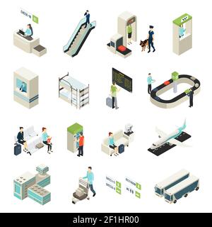 Isometrische Flughafen-Elemente mit Passagieren Personal Gebäude Fahrzeuge Interieur gesetzt Objekte Hauptzonen und Hallen isoliert Vektor Illustration Stock Vektor