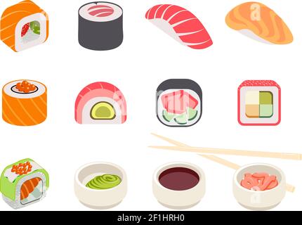 Bunte Sushi-Set von verschiedenen Arten Essstäbchen und Schüsseln mit wasabi Soja Ingwer isoliert Vektor-Illustration Stock Vektor