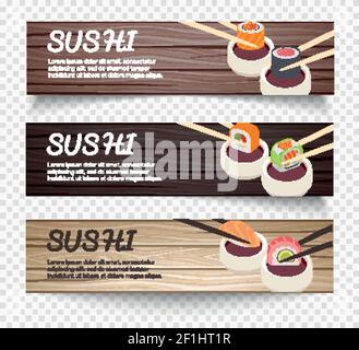 Japanische Lebensmittel horizontale Banner mit Essstäbchen halten Sushi über Schüssel Mit Soja auf Holzhintergrund Vektorgrafik Stock Vektor