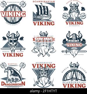 Rote und dunkelblaue Farbe viking Emblem mit verschiedenen gesetzt Beschreibungen auf Thema Vektor Illustration Stock Vektor