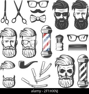 Set von isolierten vintage Friseur Hipster Emblem Elemente mit Barbershop Professionelle Werkzeuge Klingen und männlichen Kopf Vektor-Illustration Stock Vektor