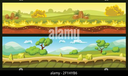 Spiel Landschaften horizontale Banner mit Boden und Himmel Bäume und Pflanzen Steine und Hügel isoliert Vektor-Illustration Stock Vektor