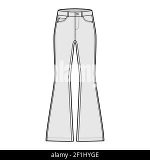 Jeans ausgestellter Boden Denim Hose technische Mode Illustration mit voller Länge, niedrige Taille, 5 Taschen, Nieten. Flatbottom Bekleidungsvorlage vorne, grau Farbe Stil. Frauen, Männer, Unisex CAD Mockup Stock Vektor