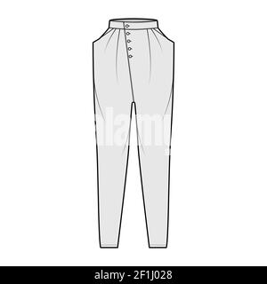 Tapered Baggy Pants technische Mode-Illustration mit normaler Taille, hoher Bund, Eingrifftaschen, drapiert vorne, volle Längen. Flach unten Kleidung Vorlage grau Farbe Stil. Frauen, Männer Unisex CAD mockup Stock Vektor