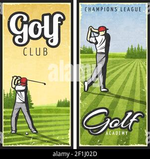 Bunte vintage Golf vertikale Banner mit Spieler und Club auf Vektorgrafik für grünen Rasen Stock Vektor