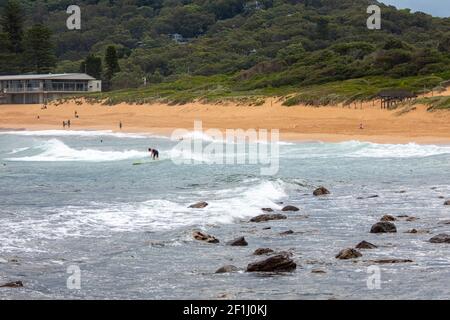 Surfer im Wasser am Avalon Beach in Sydney warten Für die nächste Welle, Sydney, Australien Stockfoto