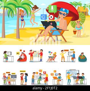 Freiberufler in warmen Ländern Konzept mit Freiberufler arbeiten auf tropischen Strand-und Internet-Marketing Büroarbeiter Vektor-Illustration Stock Vektor