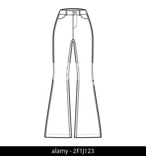 Jeans ausgestellter Boden Denim Hose technische Mode Illustration mit voller Länge, normale Taille, hoher Bund, 5 Taschen, Nieten. Flache Bekleidungsvorlage vorne, weiß, Farbstil. Frauen, Unisex CAD Mockup Stock Vektor