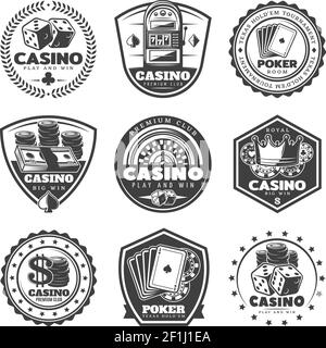 Vintage monochrome Casino-Labels mit Inschriften Glücksspiel und Poker gesetzt isolierte Vektorgrafik für club-Elemente Stock Vektor