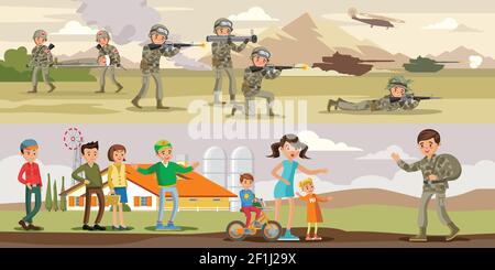 Bunte militärische horizontale Banner mit Kampfangriff der Luft und Bodentruppen und Soldat kommt nach Hause von Krieg Vektor-Illustration Stock Vektor