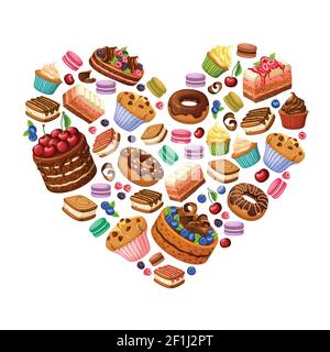 Bunte süße Produkte Konzept mit Kuchen Desserts Cupcakes Makronen Donuts Und Beeren in Herzform Vektor-Illustration Stock Vektor