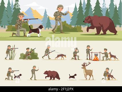 Buntes Jagdkonzept mit Wildtieren Hunde und Jäger in Vektordarstellung für verschiedene Situationen Stock Vektor