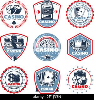 Vintage farbige Casino-Etiketten mit Spielautomaten Spielkarten gesetzt Würfel Krone Roulette Münzen Geld Chips isoliert Vektor Illustration Stock Vektor