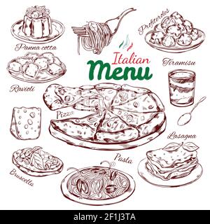 Italienische Lebensmittel Skizze Sammlung mit nationalen traditionellen Gerichten Mahlzeiten und Dessert isoliert Vektor-Illustration Stock Vektor