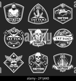 Vintage Tatoo Studio Logos Set mit Master Maschine Flügel Schädel Bänder Blumen Herz Diamant Anker auf dunklem Hintergrund isoliert Vektor Abbildung Stock Vektor