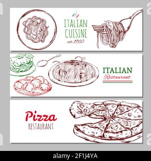 Italienisches Restaurant horizontale Banner mit Pasta Lasagne Spaghetti Ravioli Pizza Vektordarstellung im Skizzenstil Stock Vektor