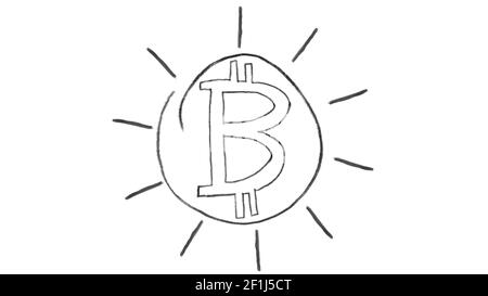 Animiertes Bitcoin-Symbol, Kreidestrich auf weißem Hintergrund, ideal zum Compositing, Verwendung als Maske, i Stockfoto