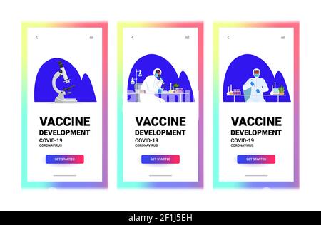 Set Wissenschaftler Forscher arbeiten mit Reagenzgläsern im Labor Coronavirus Impfstoffentwicklung Kampf gegen covid-19 Konzept Portrait copy space horizontal vektorgrafik Stock Vektor