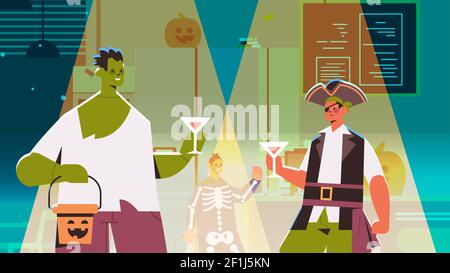Menschen in verschiedenen Kostümen feiern fröhliche halloween Urlaub Mix Rennen Männer Frauen trinken Cocktails mit Bar Party Porträt horizontale Vektor Abbildung Stock Vektor