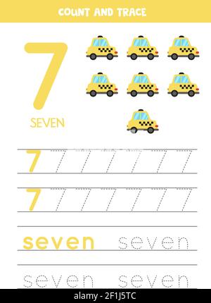 Zahlen und Buchstaben verfolgen Praxis. Die Zahl 7 und das Wort sieben schreiben. Cartoon Taxi. Stock Vektor