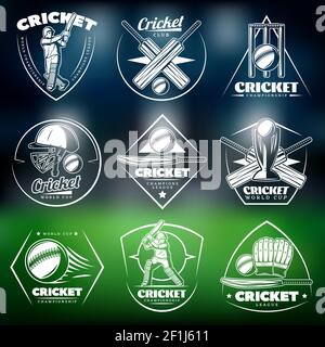 Vintage weißen Cricket-Etiketten mit Aufschriften Spieler Sport-Ausrüstung gesetzt Wicket Cup auf unscharfen Stadion Hintergrund isoliert Vektor-Illustration Stock Vektor