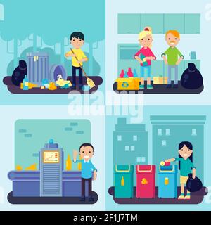 Flat Waste Konzept mit Menschen sammeln Sortierung Recycling von Müll Und Trash-Vektor-Illustration Stock Vektor