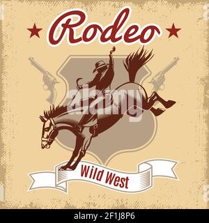 Wild West Rodeo Vorlage mit Cowboy Reitpferd und Revolver Etikett im Vintage-Stil Vektor-Illustration Stock Vektor