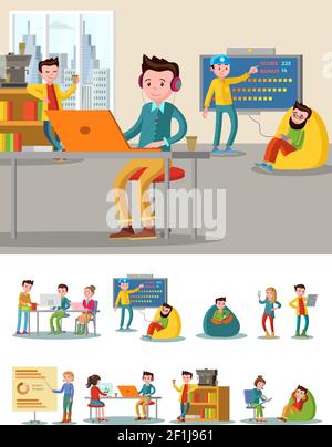 Coworking Center flache Zusammensetzung mit Freiberuflern Erholungszone und arbeiten Platz in komfortablen Büro Vektor-Illustration Stock Vektor