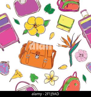 Farbige exotische Land Reise Muster mit tropischen Blumen Blätter und Reisetaschen im Skizzenstil Vektorgrafik Stock Vektor
