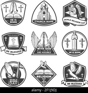 Vintage monochrome religiöse Etiketten mit Schriftzügen und traditionellen spirituellen gesetzt Rituelle Elemente isoliert Vektor Illustration Stock Vektor