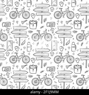 Wandern und Camping nahtlose Muster mit Reise-Elemente. Nahtlose Muster für Design, Poster, Hintergründe Wandern, Reisen und Camping Thema. Byke, singen, Lagerfeuer, Karte, Kamera, Fernglas im Linienstil Stock Vektor