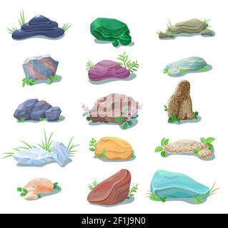 Cartoon Natursteine und Boulder Sammlung von verschiedenen Formen und Farben mit Pflanzen isoliert Vektor-Illustration Stock Vektor