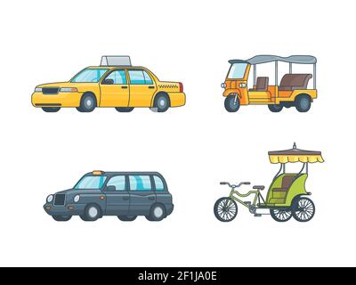 Bunte Taxi Transport Sammlung mit Limousine Minivan Tuk Tuk in Thailand und indische Rikscha isoliert Vektor-Illustration Stock Vektor