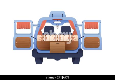 Rückansicht von Wohnmobil, Wohnmobil RV Fahrzeug auf isoliertem weißen Hintergrund. Moderne flache Cartoon-Illustration für Outdoor-Camping-Abenteuer oder Zinn Stock Vektor