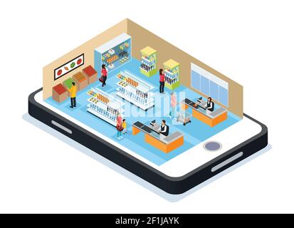 Isometrisches Online-Shopping-Konzept mit Kunden, die Produkte auswählen und kaufen Im Lebensmittelgeschäft auf mobilen Vektor-Illustration Stock Vektor