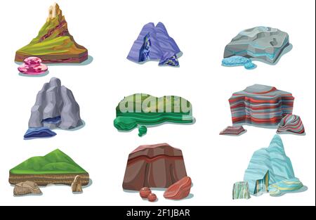 Cartoon bunte schöne Felsen mit Steinen und Bergen von gesetzt Verschiedene Formen und Materialien isolierte Vektordarstellung Stock Vektor