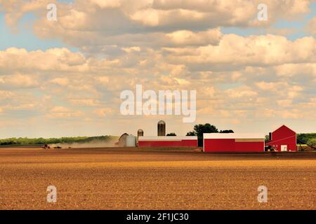 Auf einem großen Bauernhof entstehen Feldfrüchte, während ein Traktor im Hintergrund arbeitet, um das Land vorzubereiten. Stockfoto