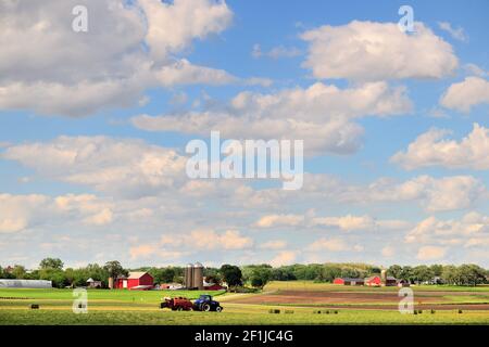 Burlington, Illinois, USA. Ein Traktor, der in einem Feld mitten auf dem Land frisch Heu schneidet und ballt. Stockfoto