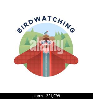 Glücklicher junger Mann mit Fernglas und Wildvogel Tier, Vogelbeobachtung Freizeitangebot Konzept. Flache Cartoon männlichen Charakter im Freien in grünen Wald envir Stock Vektor