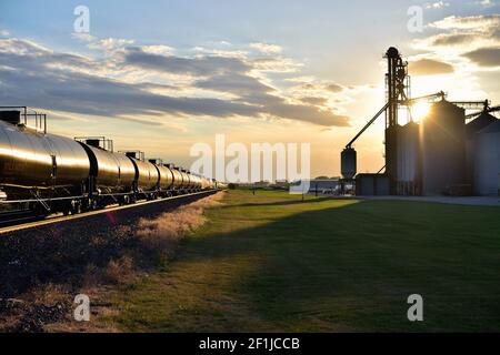 Maple Park, Illinois, USA. Ein Güterzug der Union Pacific spiegelt die untergehende Sonne wider, wenn er an einer landwirtschaftlichen Genossenschaft vorbei nach Westen fährt. Stockfoto