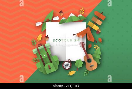 Eco Tourismus Rahmenvorlage mit Outdoor-Reise-Ikonen in 3D papercut Handwerk Stil. Bunte Camping Abenteuer oder Sommercamp Urlaub Konzept Papier geschnitten Stock Vektor