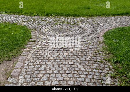 Gepflastert mit blauen quadratischen rauen Steinen, teilt sich die Straße in zwei Richtungen zwischen dem grünen Gras. Konzept: Eine Gabel, eine Kreuzung: Die Wahl und Herstellung der r Stockfoto